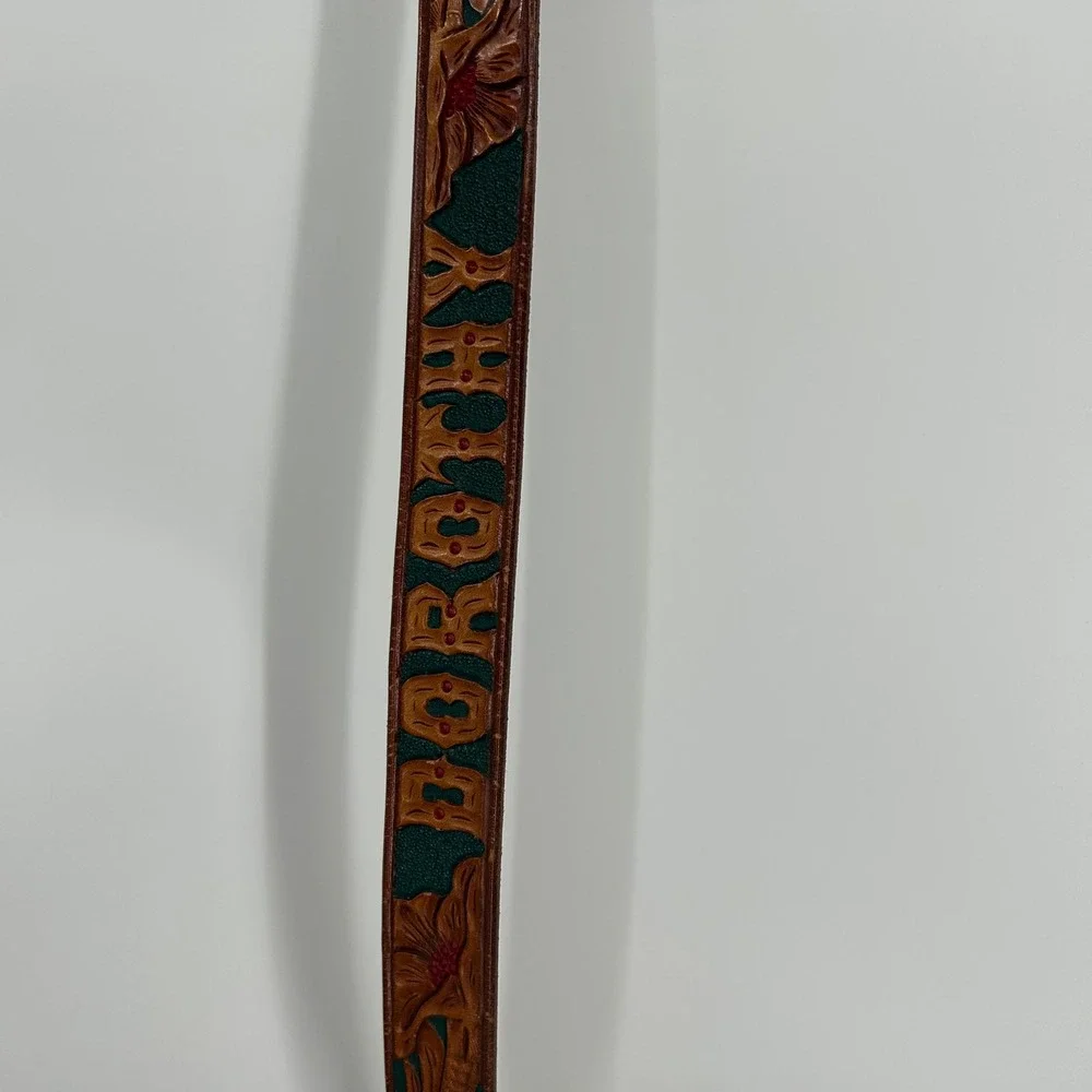 Vintage Custom Tooled Leather Dorothy Belt Western Floral Brown Green Brass 30